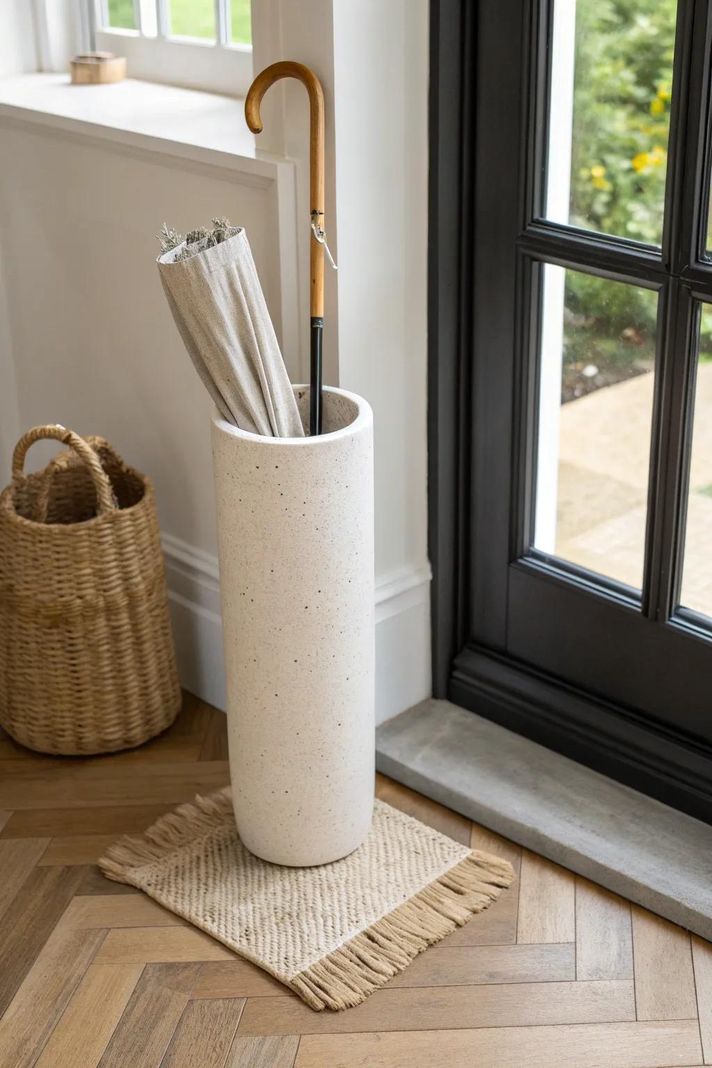 A slim umbrella stand keeps drips contained and your small entryway looking instantly tidy.