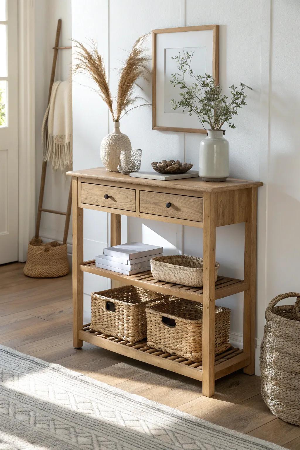 Two-tier entryway table: pretty on top, baskets below—small-space storage that stays chic.