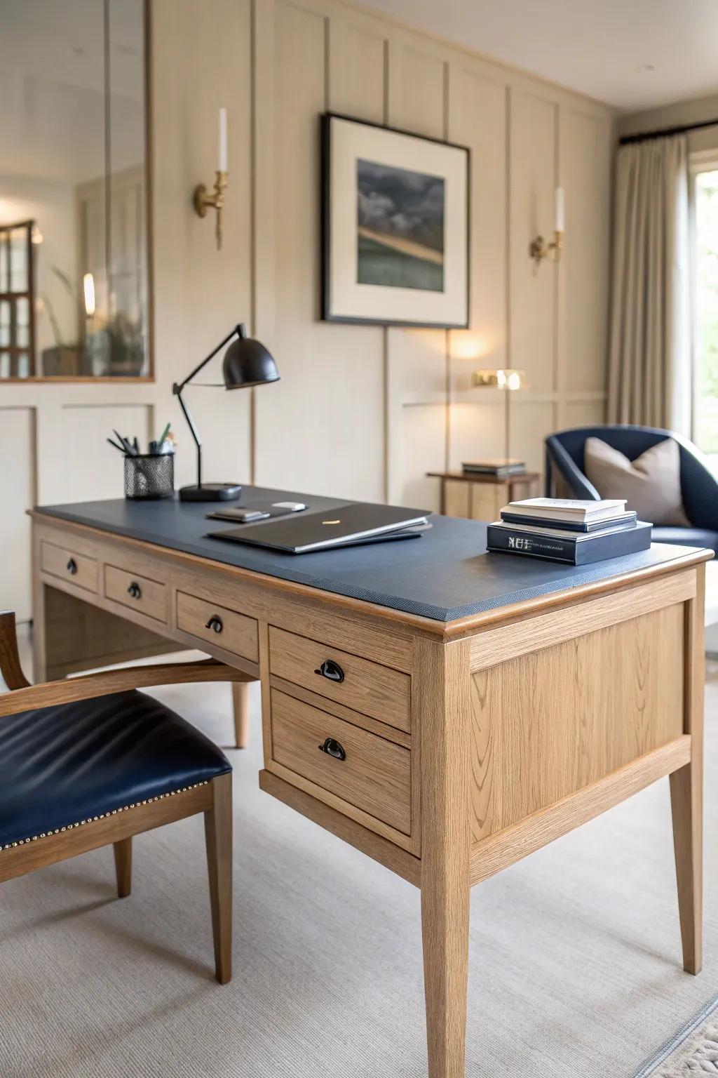 Light neutrals + one deep navy accent make this petite executive setup feel confident.