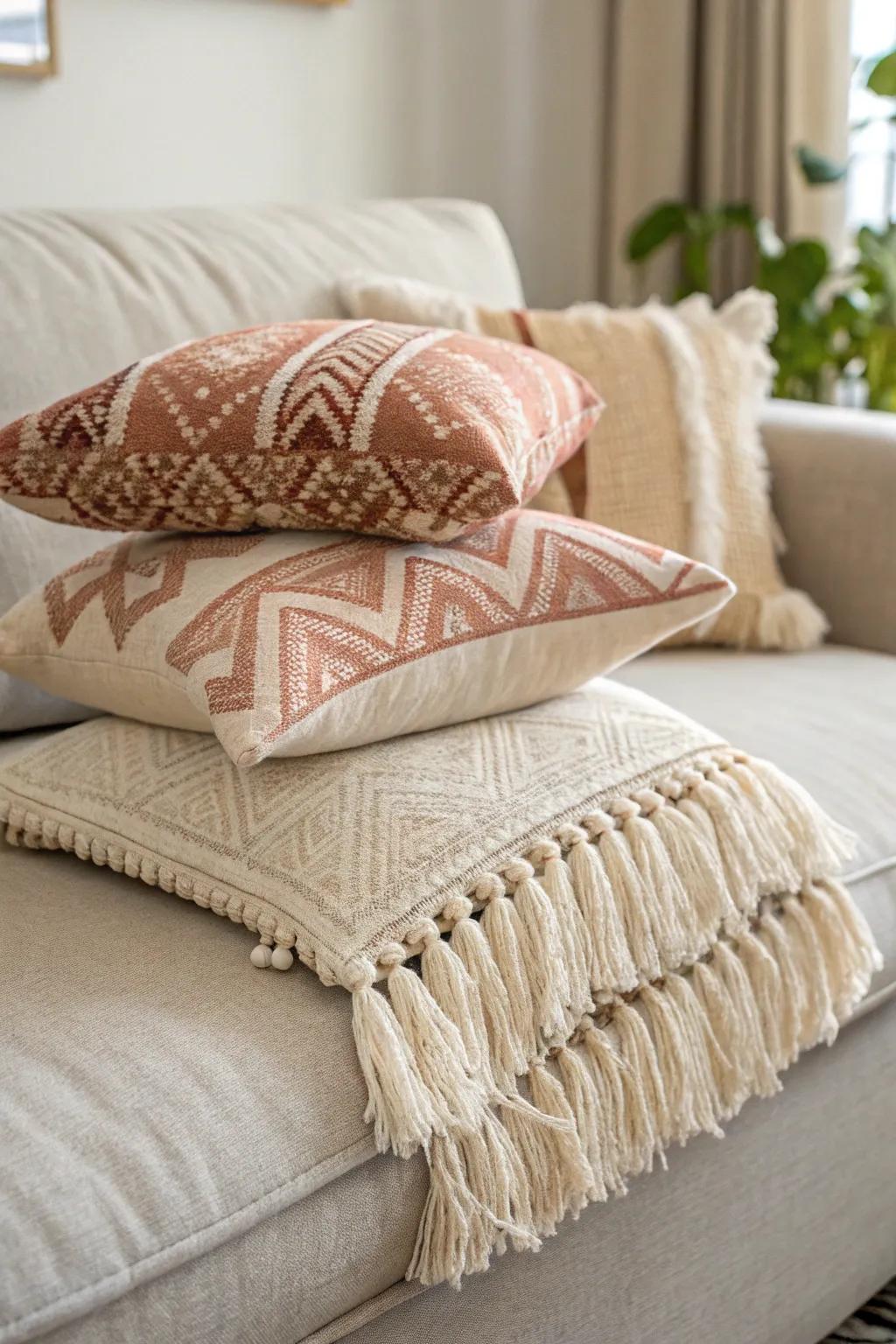 Neutral sofa, layered pillows and a cozy throw—swap color anytime without visual clutter.