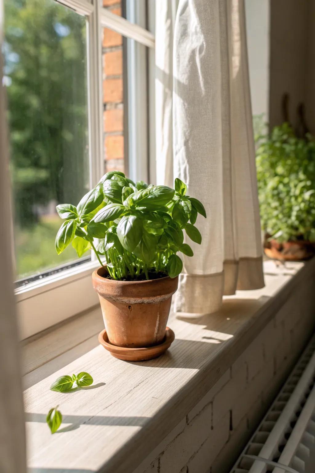 A tiny basil pot on the sill adds instant farmhouse charm—fresh, budget-friendly, and bright.
