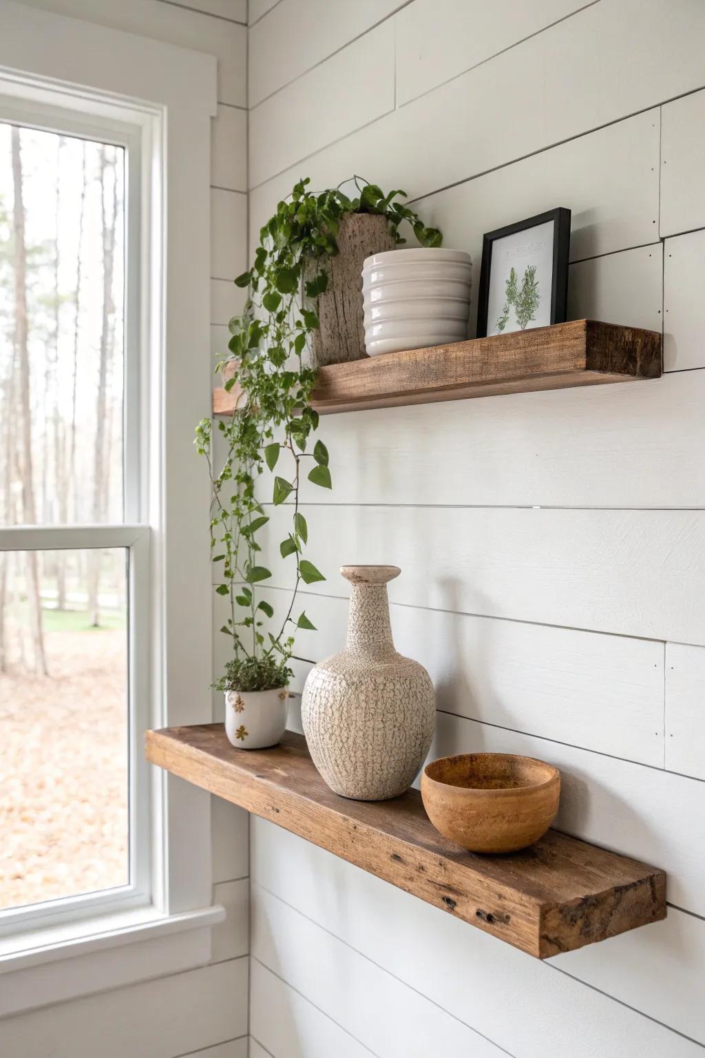 Skip bulky bookcases—floating wood shelves keep small farmhouse living rooms airy and curated.