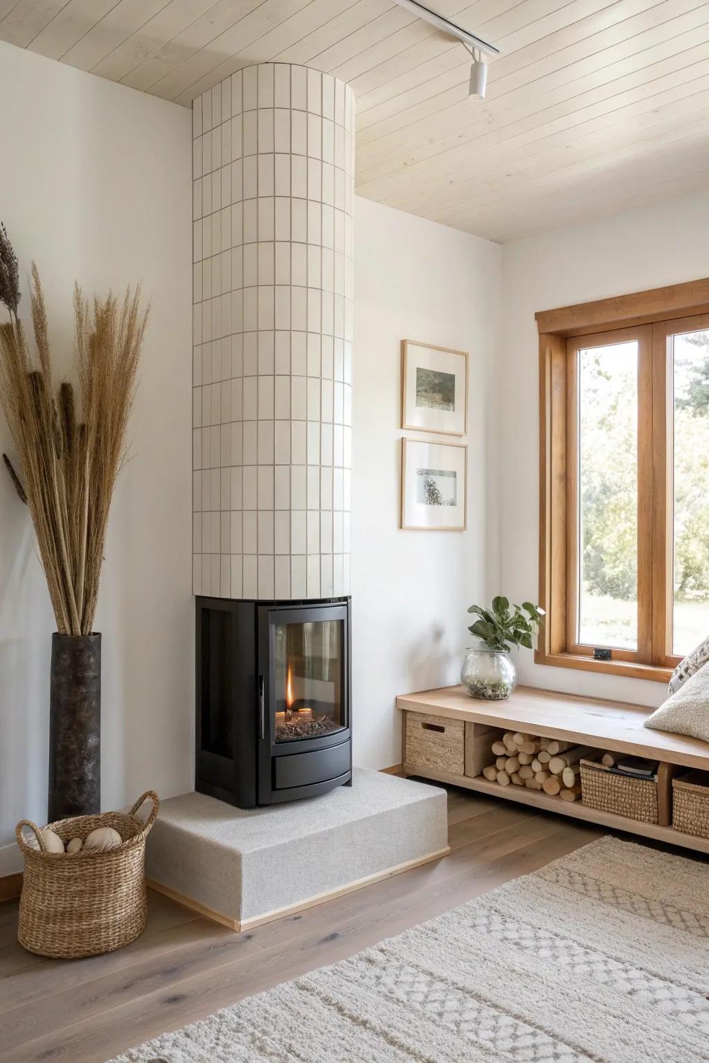 Tall tile to the ceiling makes a small fireplace feel dramatic and instantly lifts the room.