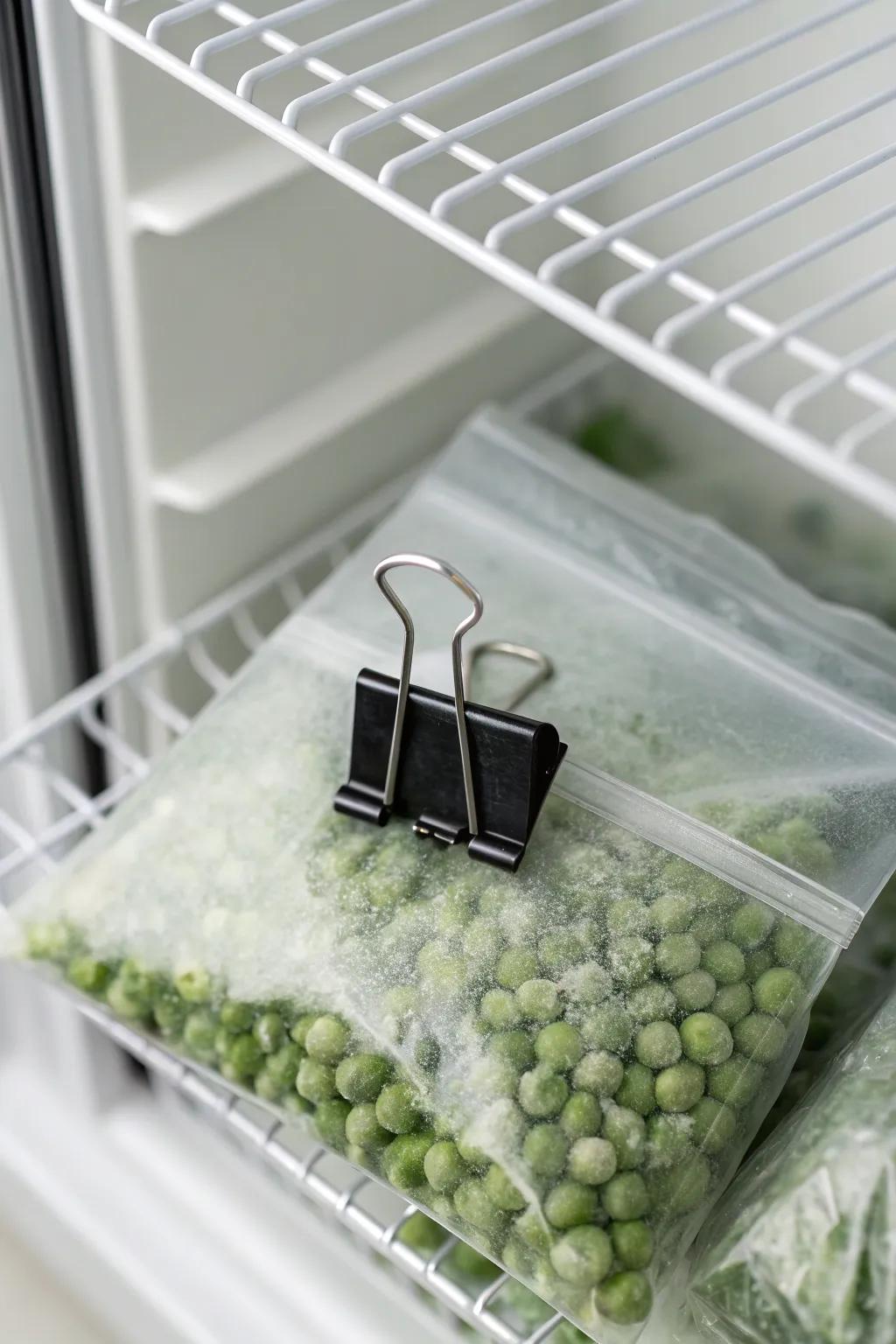 Binder clips seal half-used freezer bags tight—no spills, no lost bags under the frost.