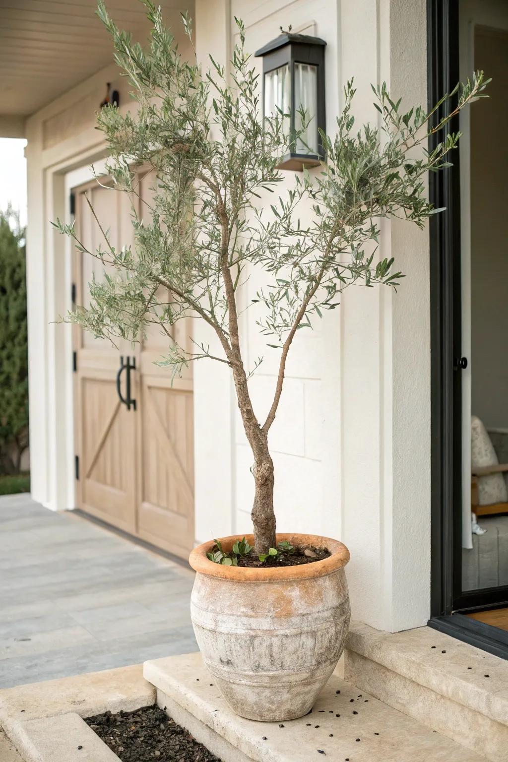 A tall potted tree makes a small front entrance feel taller—like instant columns, no build needed.