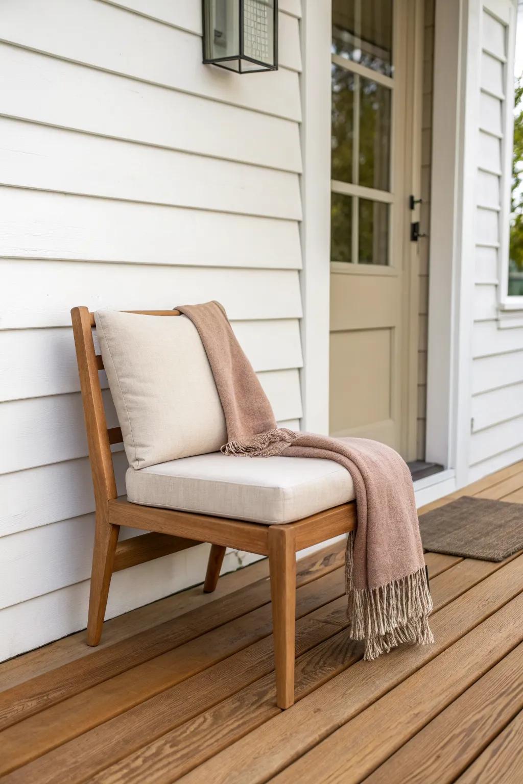 Slim armless chair + cushion and throw—polished comfort without blocking a tiny porch walkway.