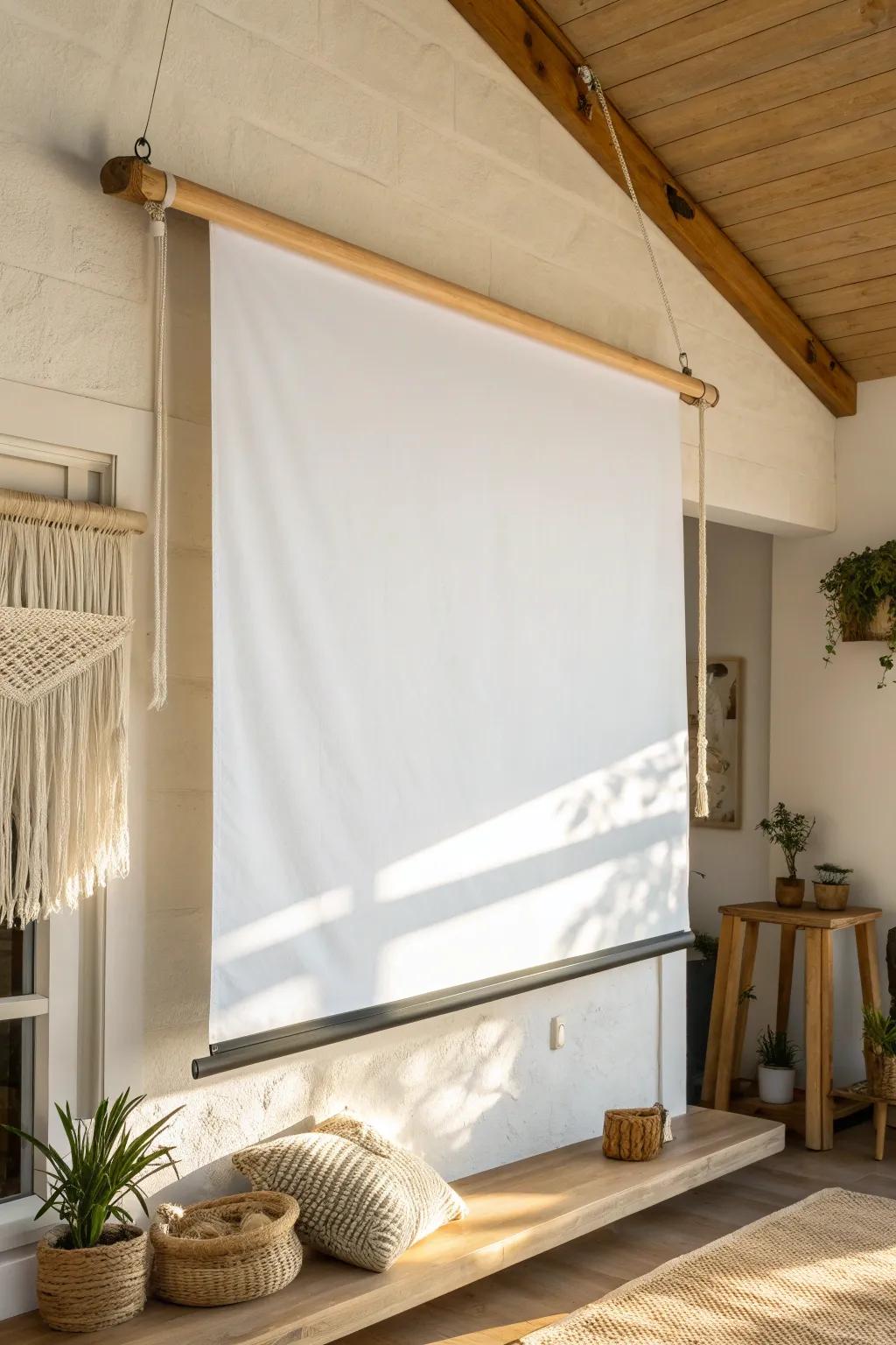 A pull-down projector screen creates a big-game, big-movie vibe—without a bulky TV.