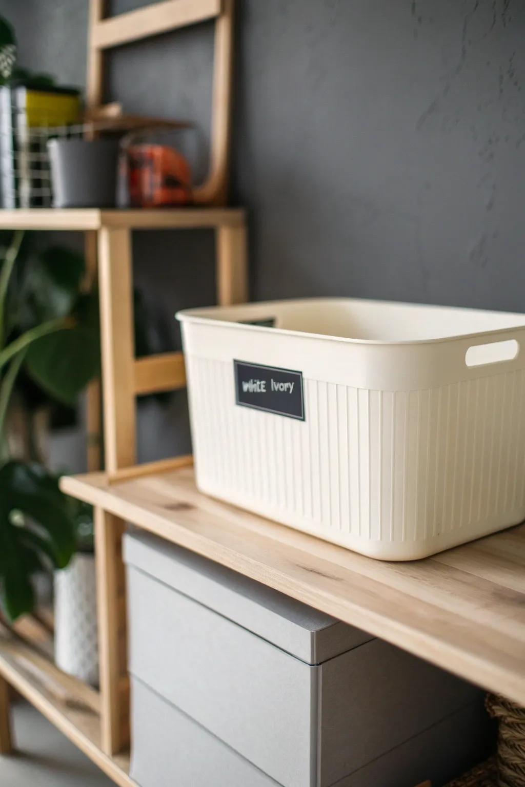 Uniform stackable bins + side labels make even the smallest garage shelf look calm.