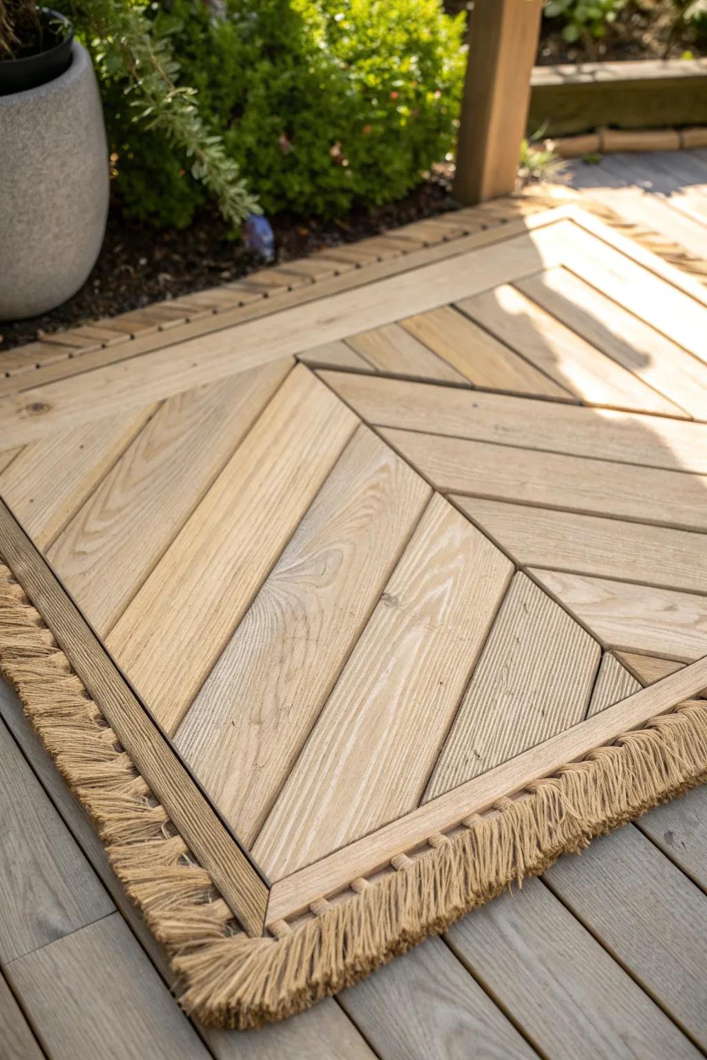 Diagonal + herringbone boards instantly make a tiny garden deck feel wider—minimal, warm, wow.