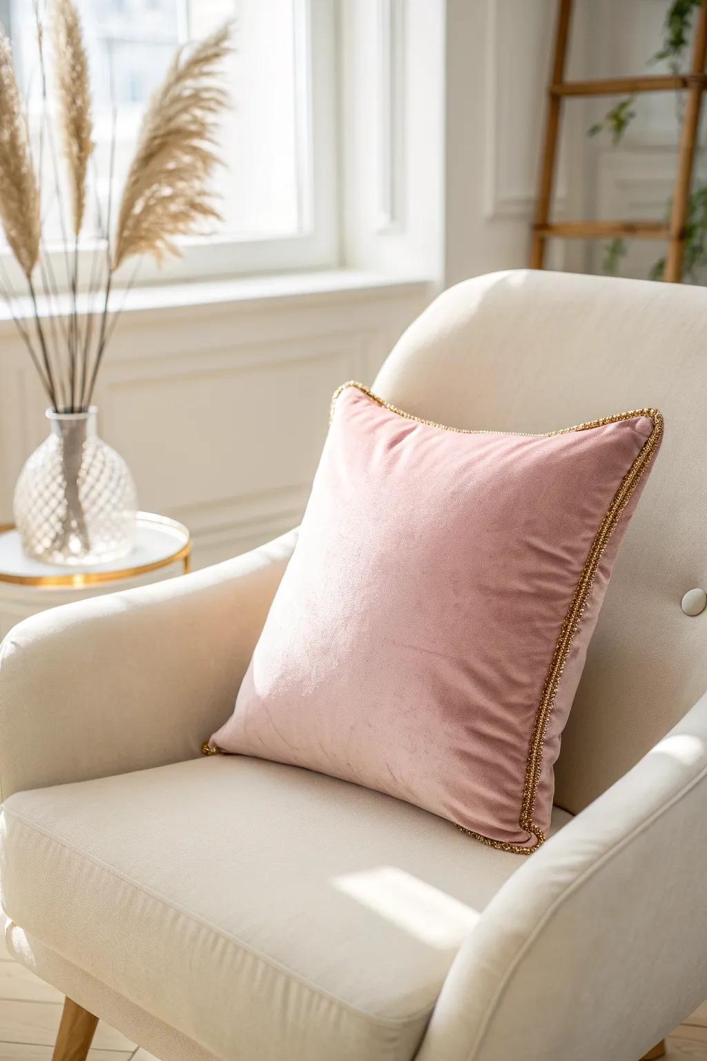 A single blush velvet pillow adds soft glam warmth to a small, neutral Scandinavian living room.