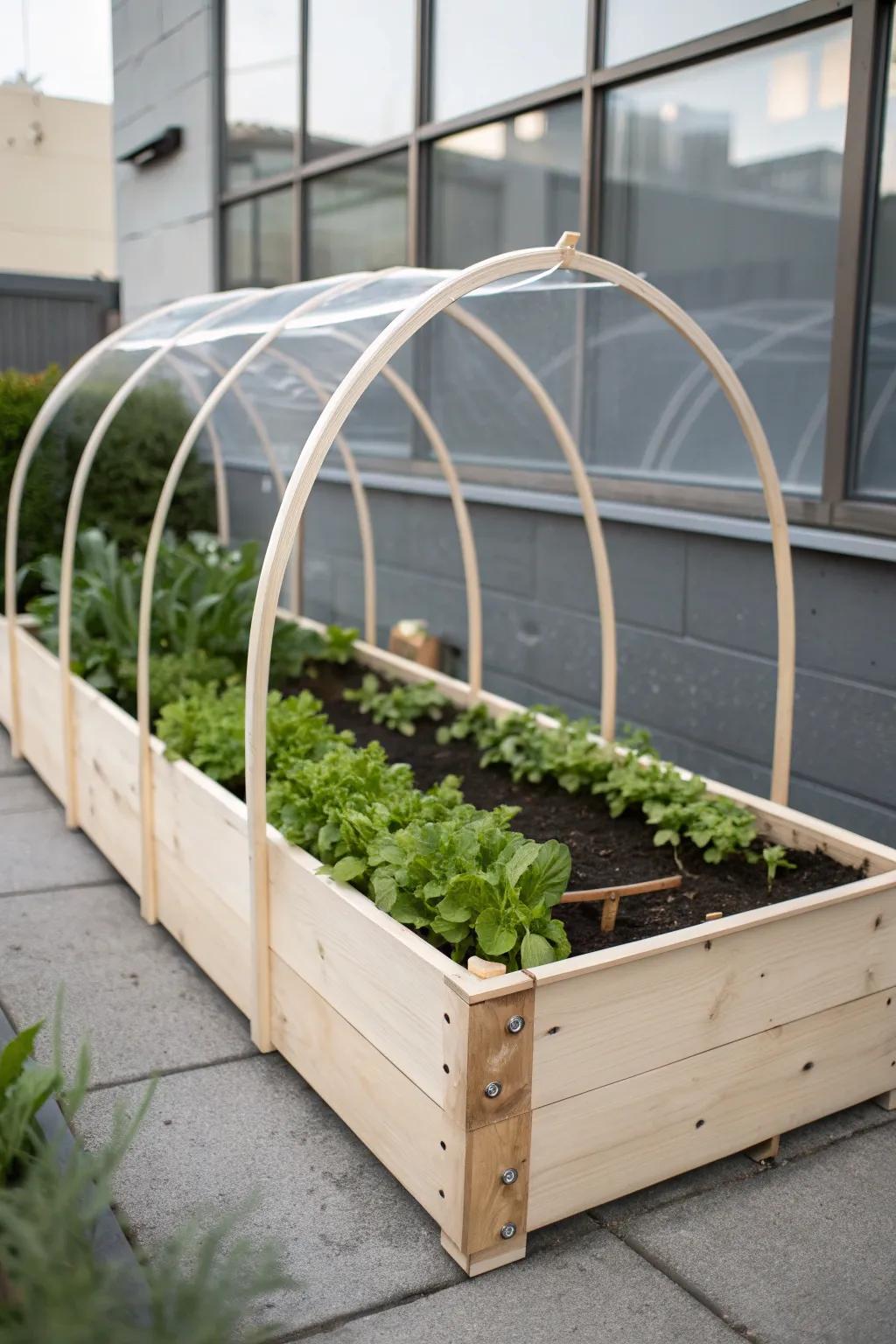 A raised-bed hoop greenhouse adds a cozy mini-greenhouse vibe without taking up walk space.