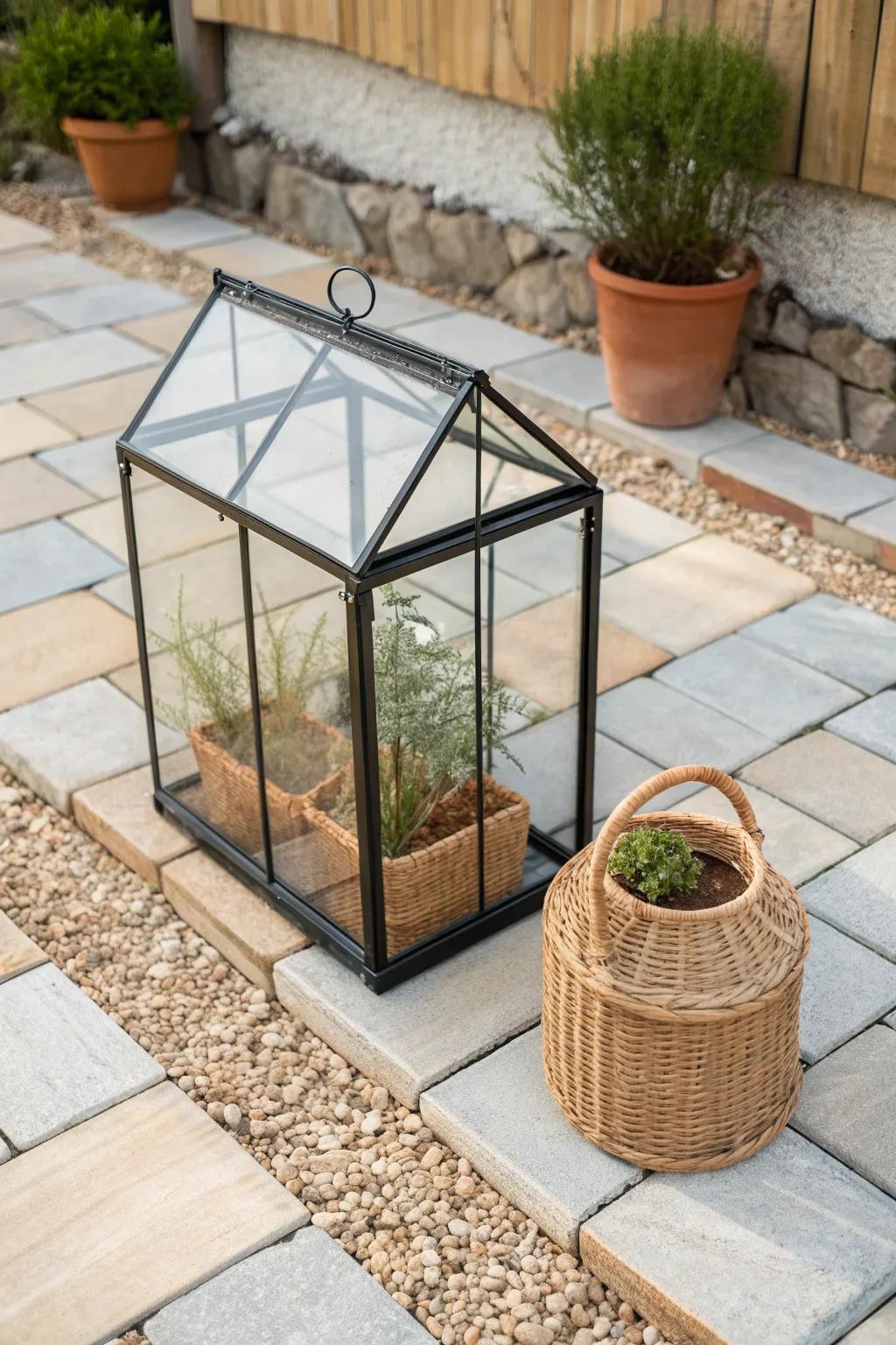 A tiny patio greenhouse on gravel keeps seedlings tidy, stable, and mud-free in small spaces.