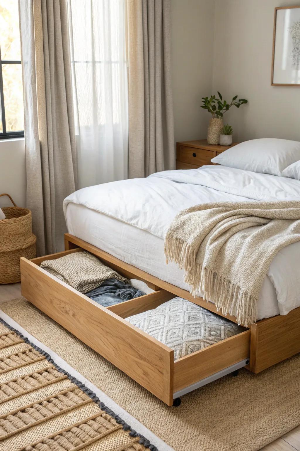 Hide guest linens in a slim under-bed bin—tidy, budget-friendly storage for small rooms.