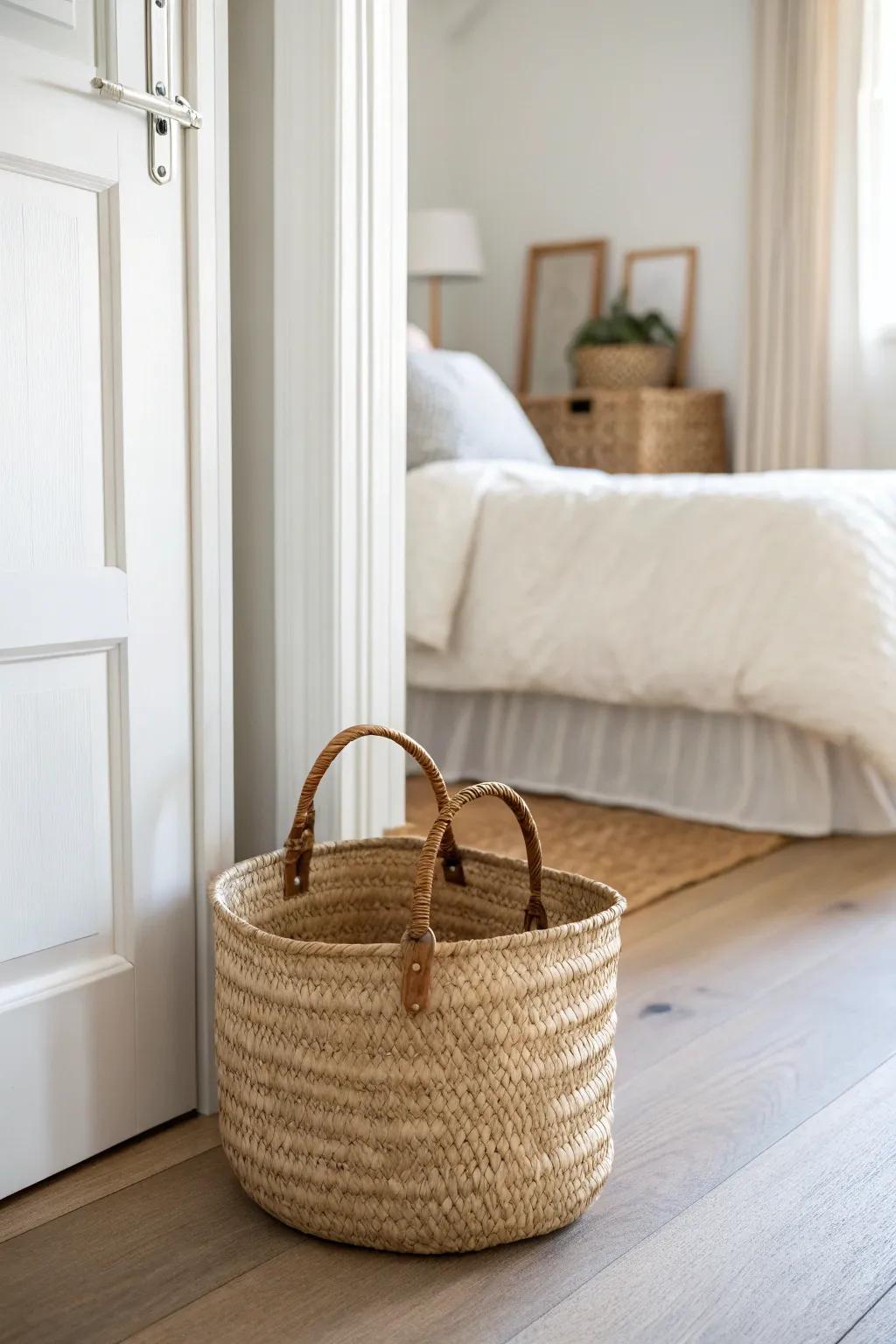 A woven basket by the door keeps shoes and bags tidy—small guest room, instant calm.