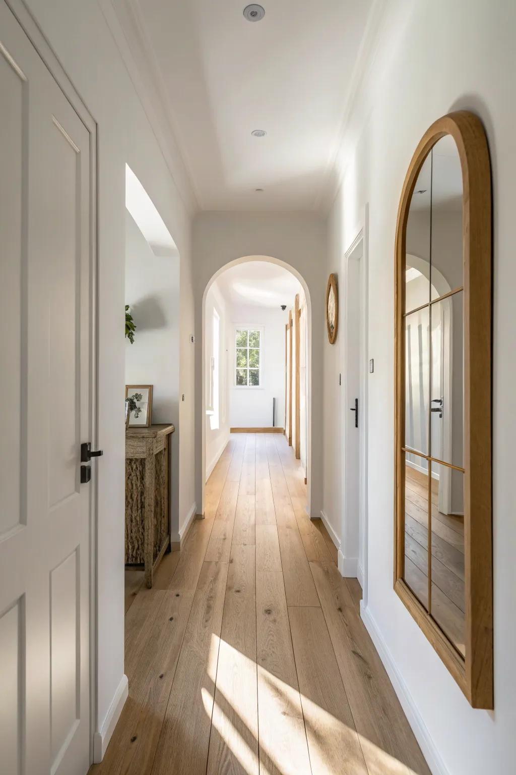 A simple arched mirror at the end of the hall creates a chic focal point in tiny spaces.