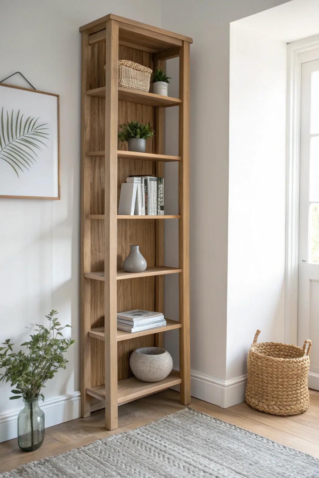 Make the ceiling feel higher with a slim floor-to-ceiling shelf that doubles as decor.