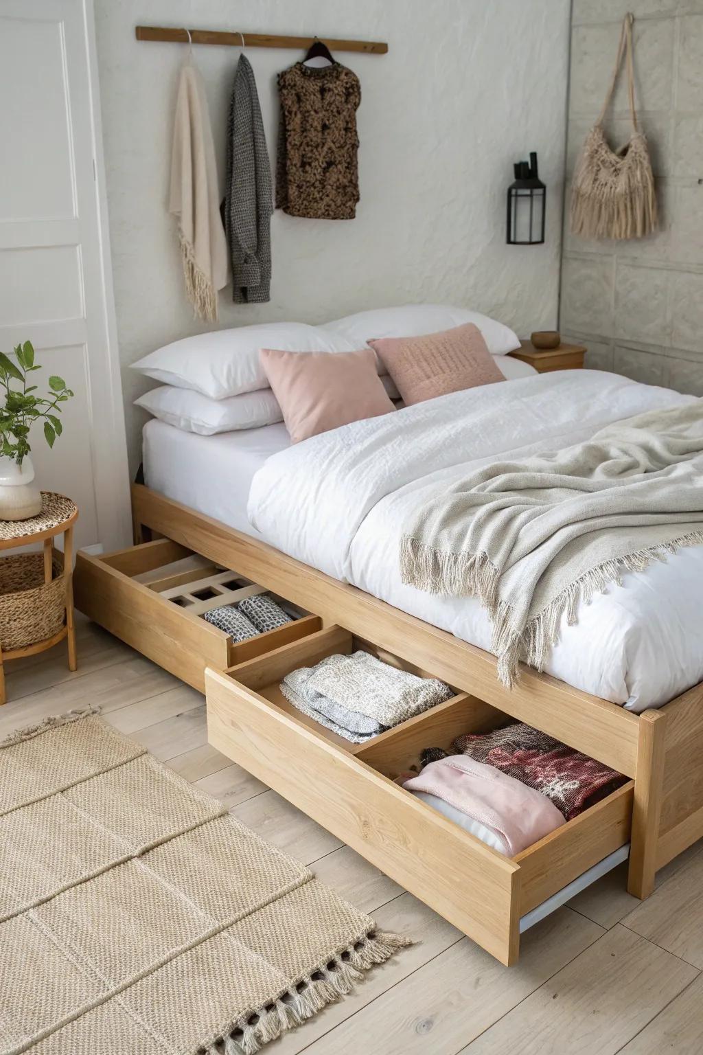 Let your bed double as a closet—sleek under-bed drawers hide extra linens and off-season clothes.
