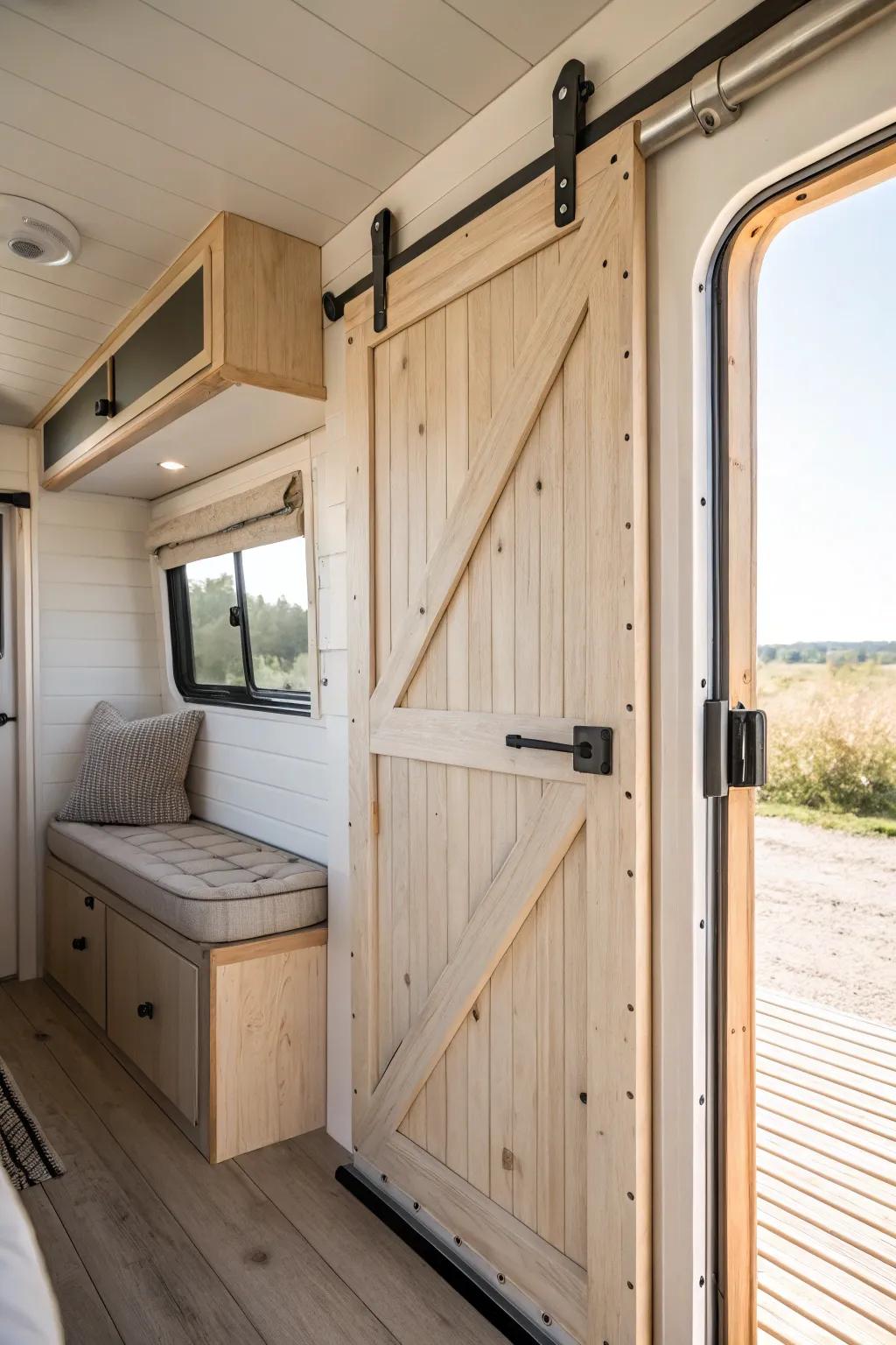 Whitewashed wood paneling keeps horse trailer quarters airy, warm, and rustic—never dark.