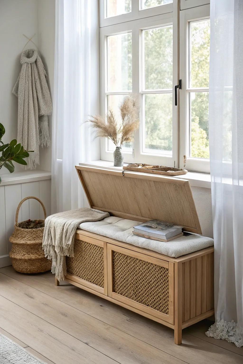 A lift-top window seat turns a sunny nook into cozy seating plus hidden storage.