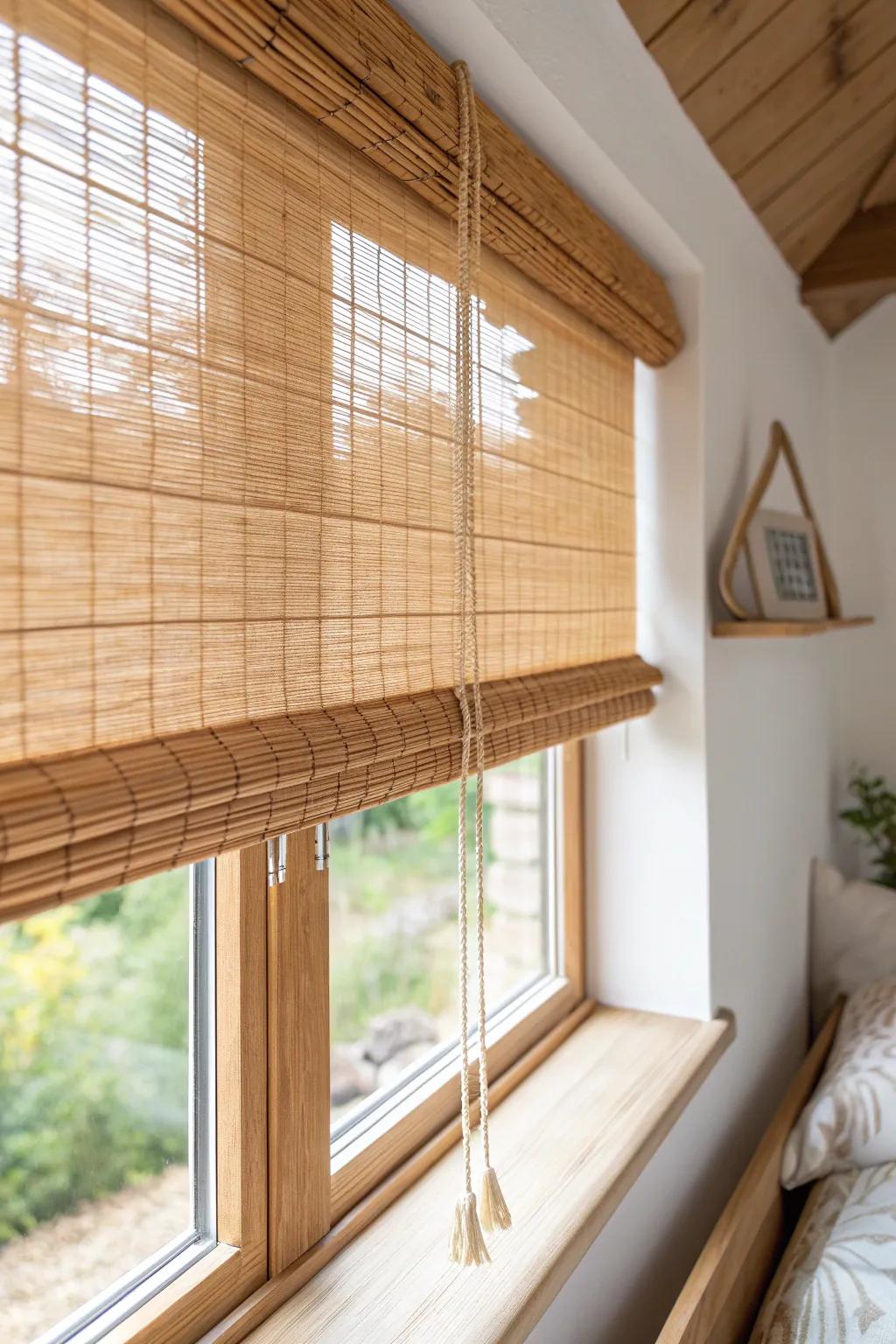 Bamboo-style blinds soften daylight and add calm privacy to a tiny Japanese bedroom.