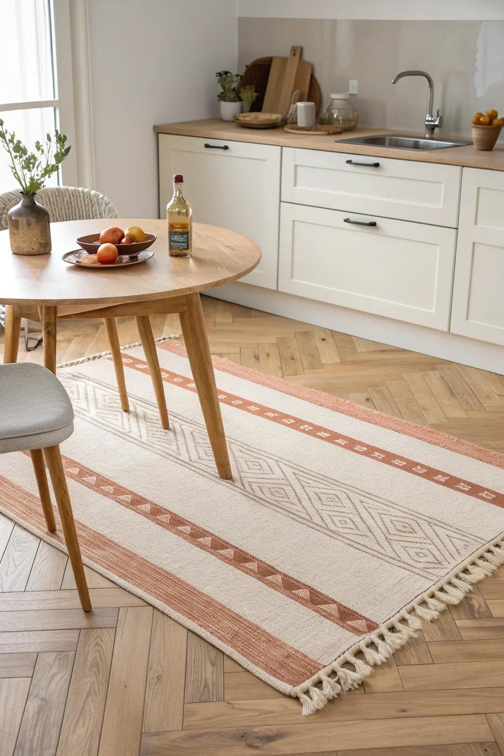 A washable flatweave rug under the table defines a cozy dining zone in a tiny kitchen.