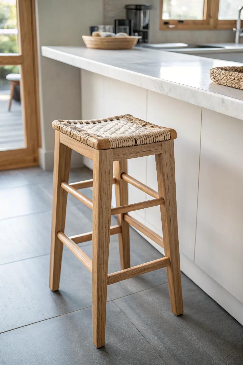 Backless stool that tucks away completely—instant breathing room for a tiny kitchen bar.
