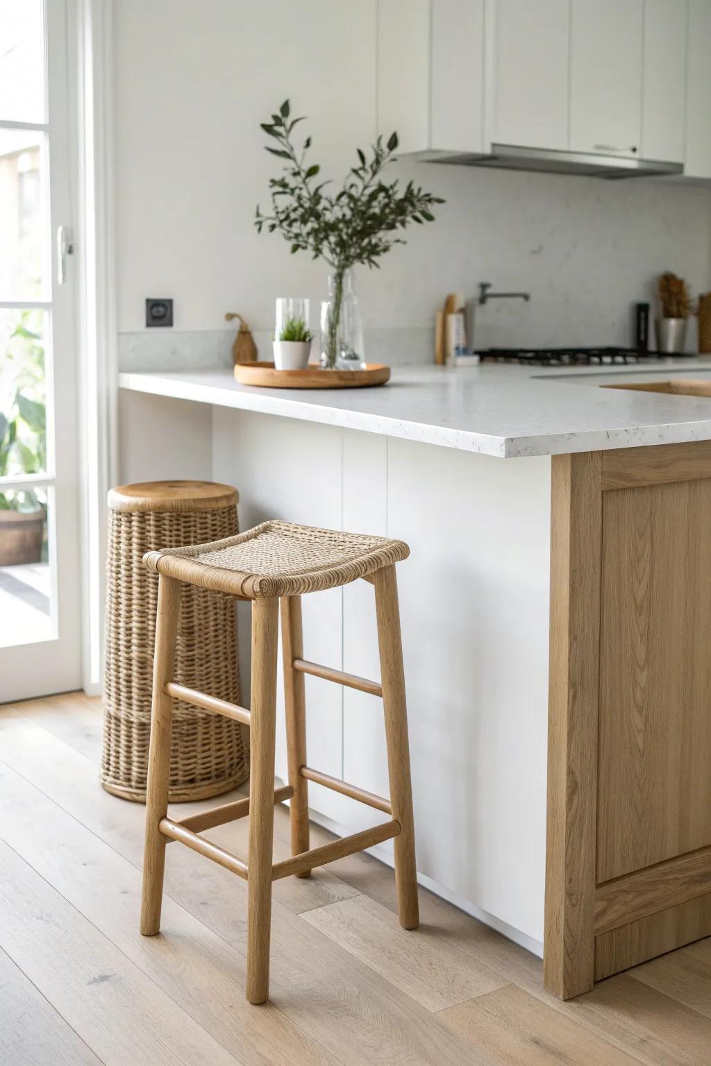 Backless stools tuck fully under a wall island—clean lines and zero visual clutter for small kitchens.