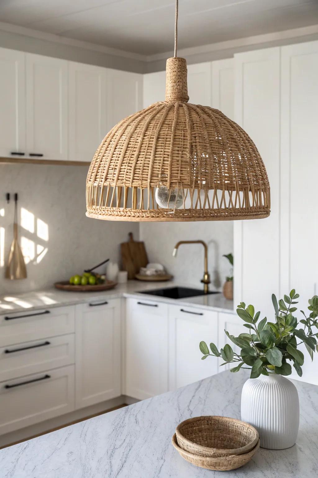 A single sculptural pendant light instantly turns a tiny kitchen peninsula into a true destination.