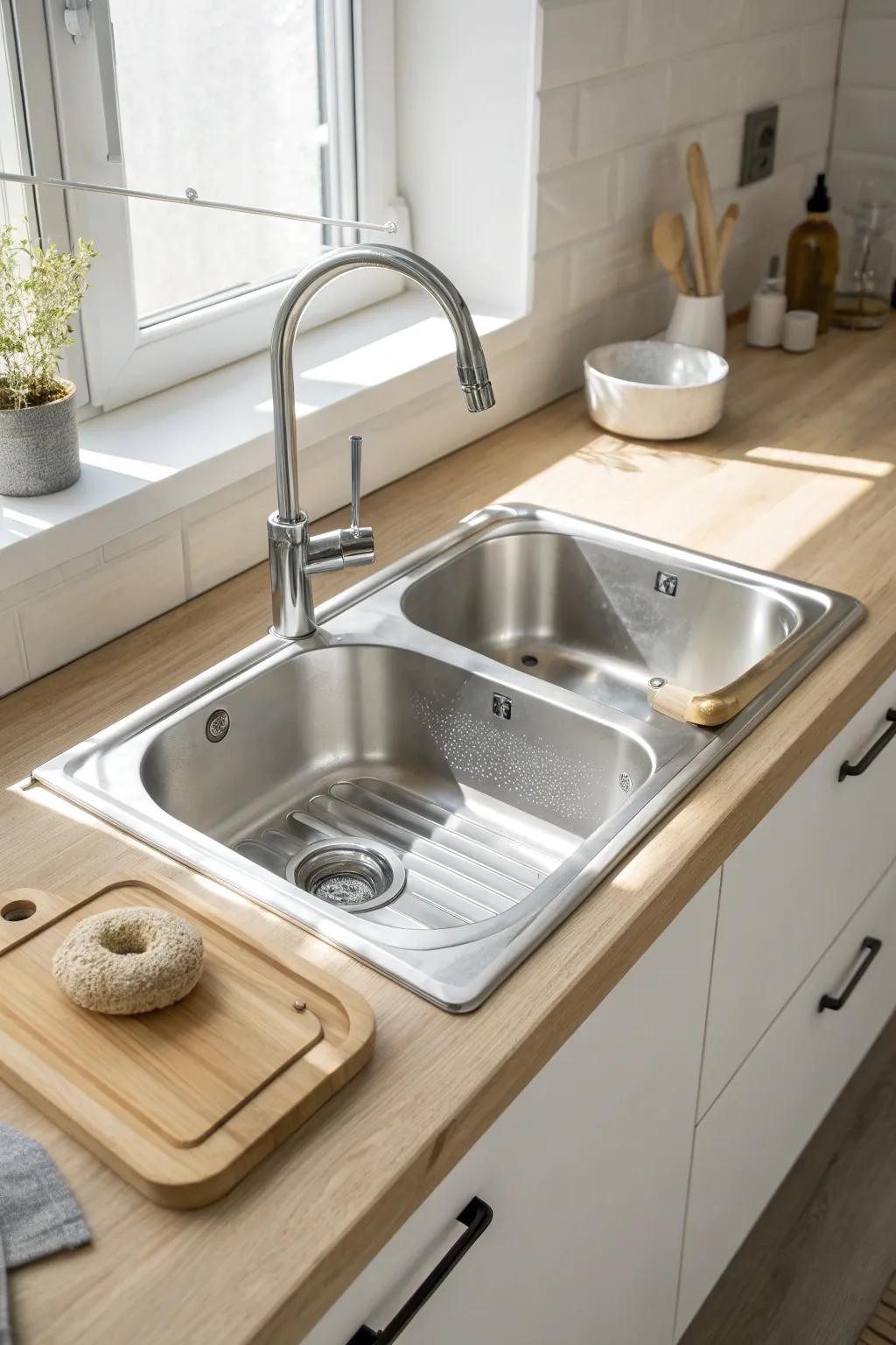 Offset double-bowl sink: a big wash basin plus a slim rinse zone—perfect for small counters.