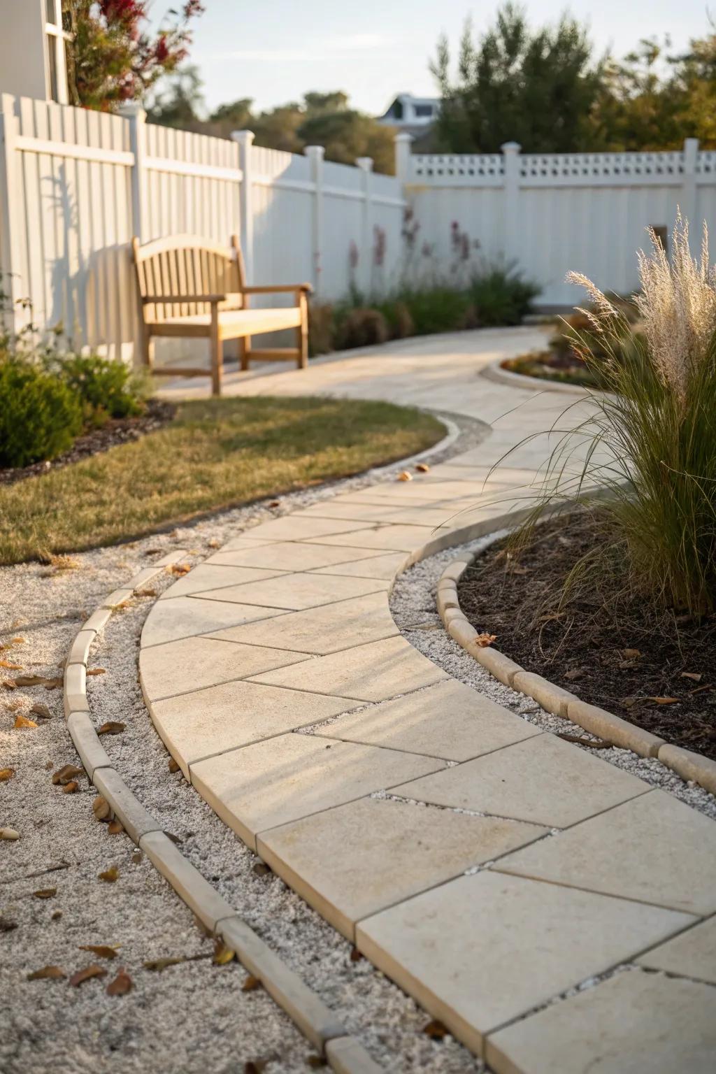 A soft curved walkway teases the eye forward—making even the smallest yard feel deeper.
