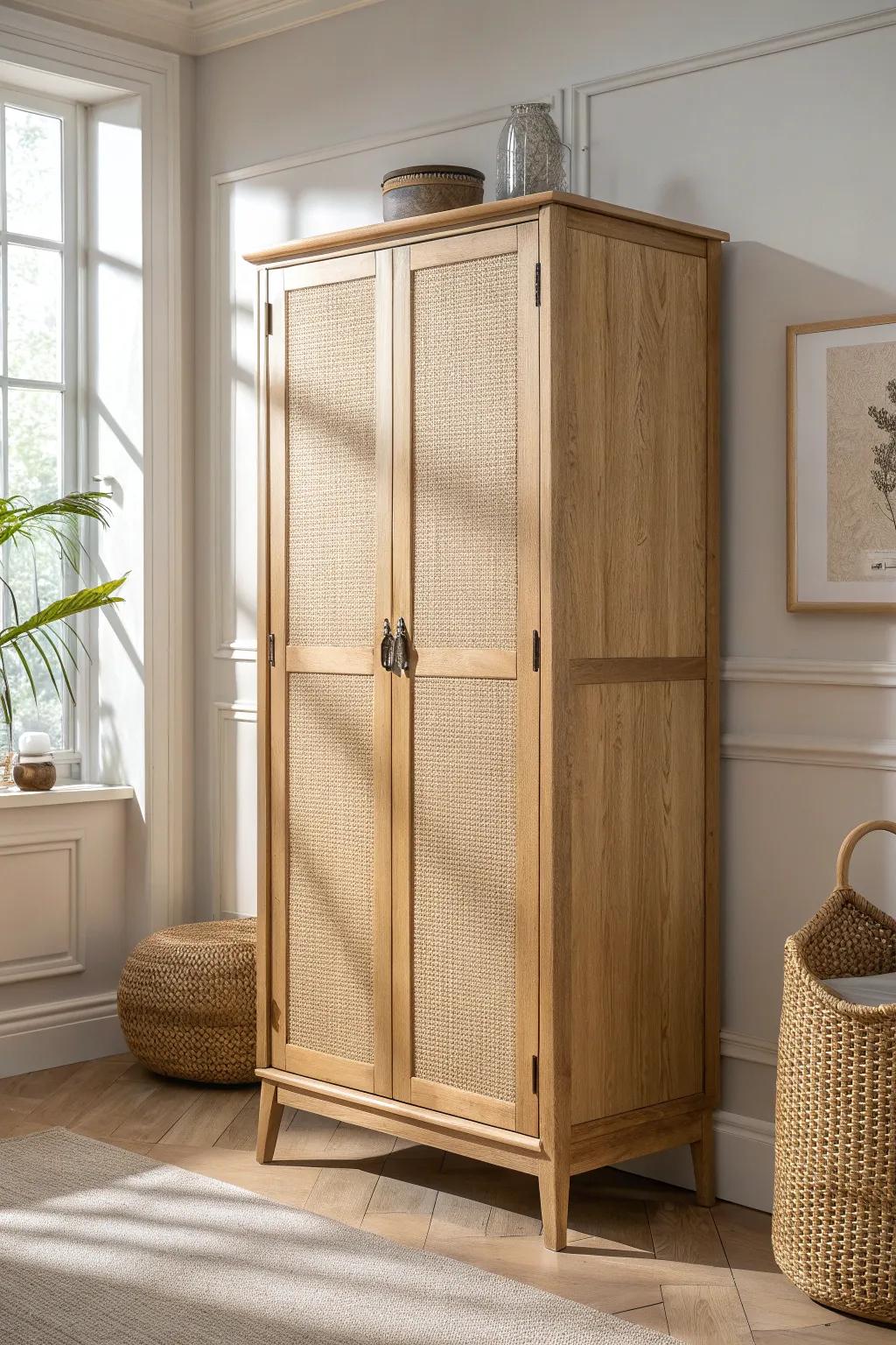 Closed-door hideaway bar cabinet: calm, clutter-free style for a small living room.