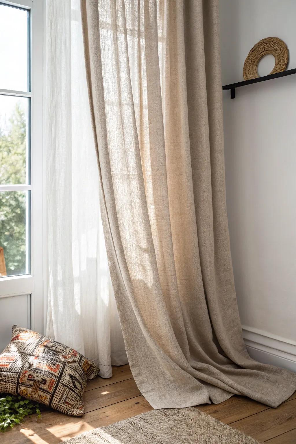 Textured neutral linen curtains add cozy dimension—perfect for a small, airy living room.