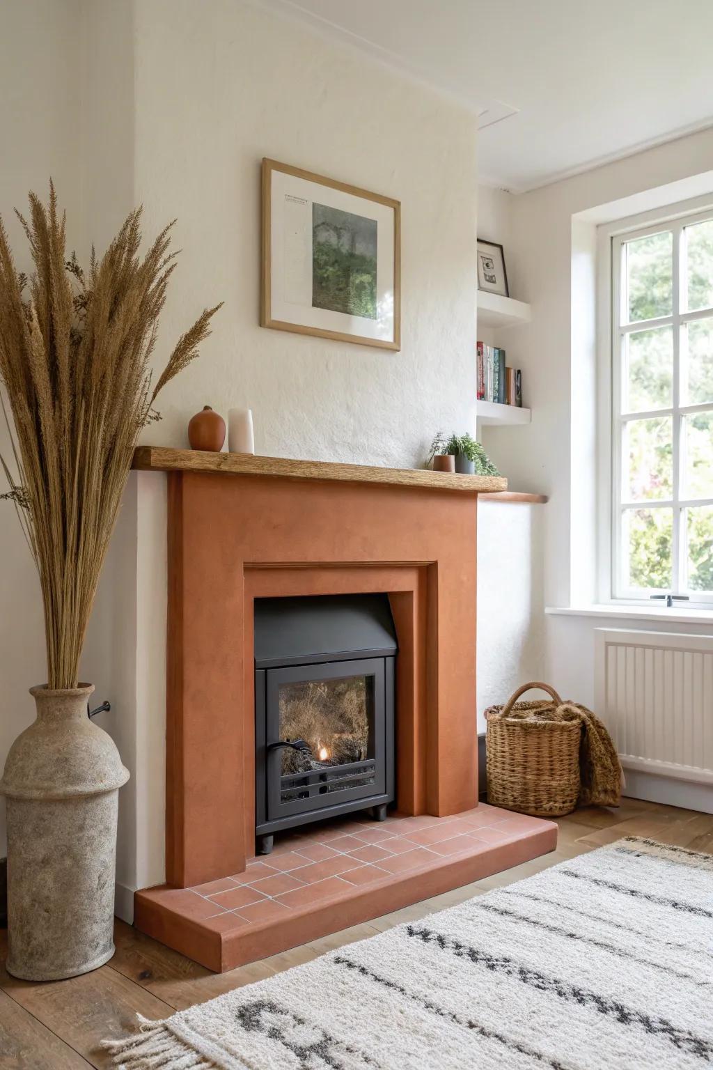 A bold terracotta fireplace surround adds instant personality to a calm, neutral small space.