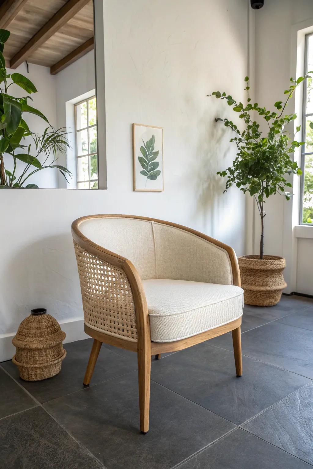 A curved chair softens boxy lobby corners, instantly making a small entry feel warmer.