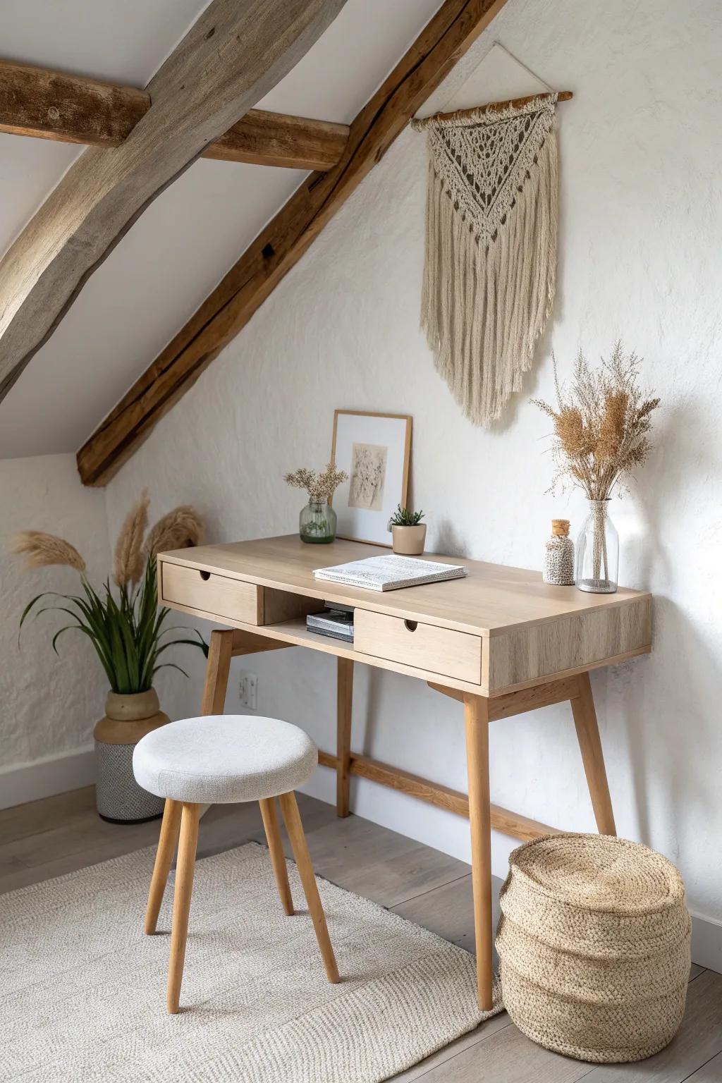 A tiny loft office nook under the eaves—minimal, warm, and perfectly work-from-home ready.