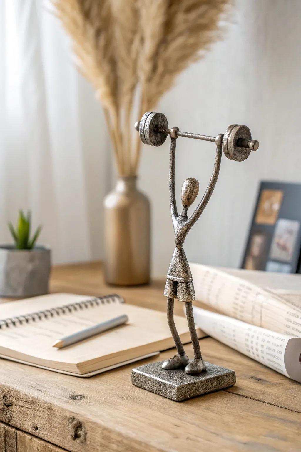 Tiny bolt weightlifter sculpture—minimal metal pep talk for your desk, Scandinavian-boho style.