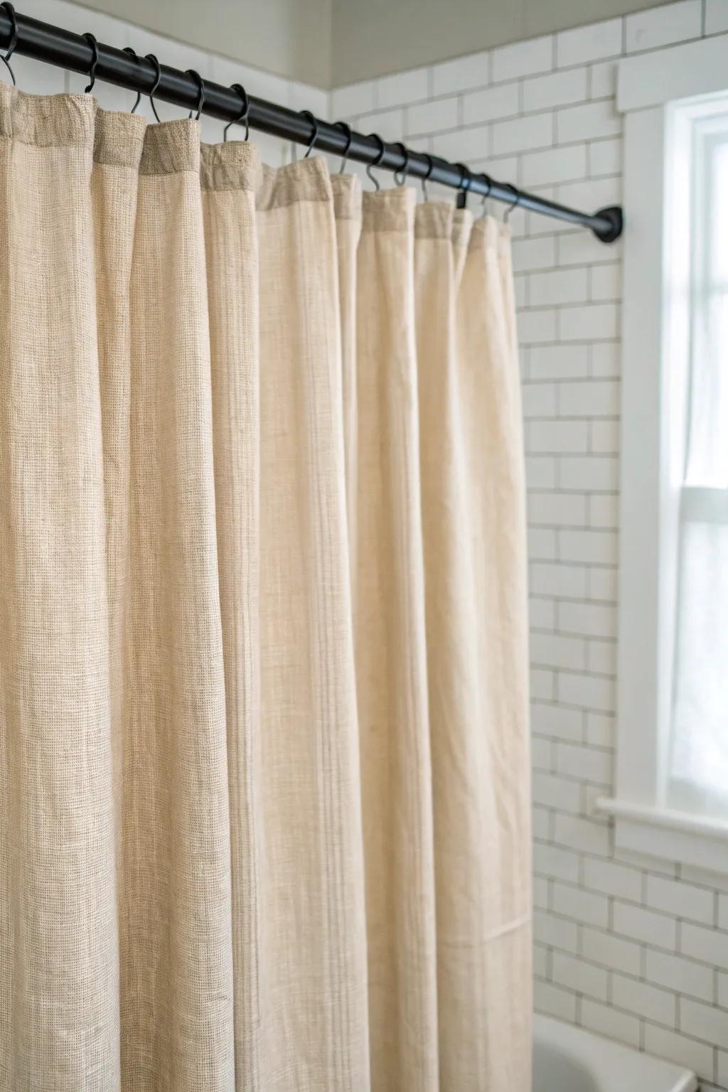 Hang a linen-style curtain high to add softness and make a small farmhouse bath feel taller.