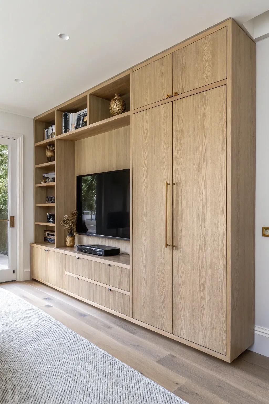 Closed cabinets create a built-in media wall—sleek, calm, and clutter-free for tiny movie rooms.