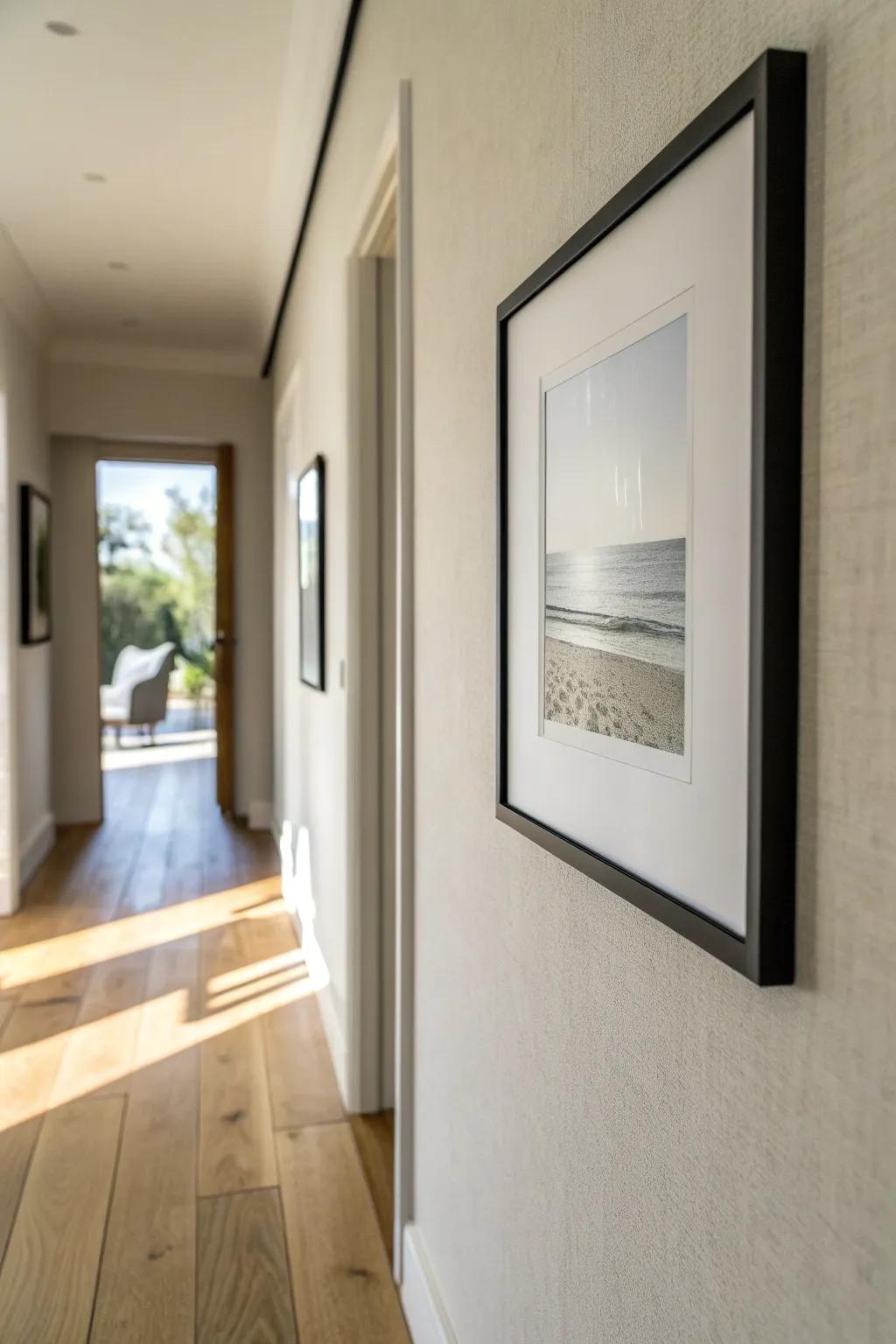 Hang same-size art at one height for a calm, longer-looking narrow hallway—clean and intentional.