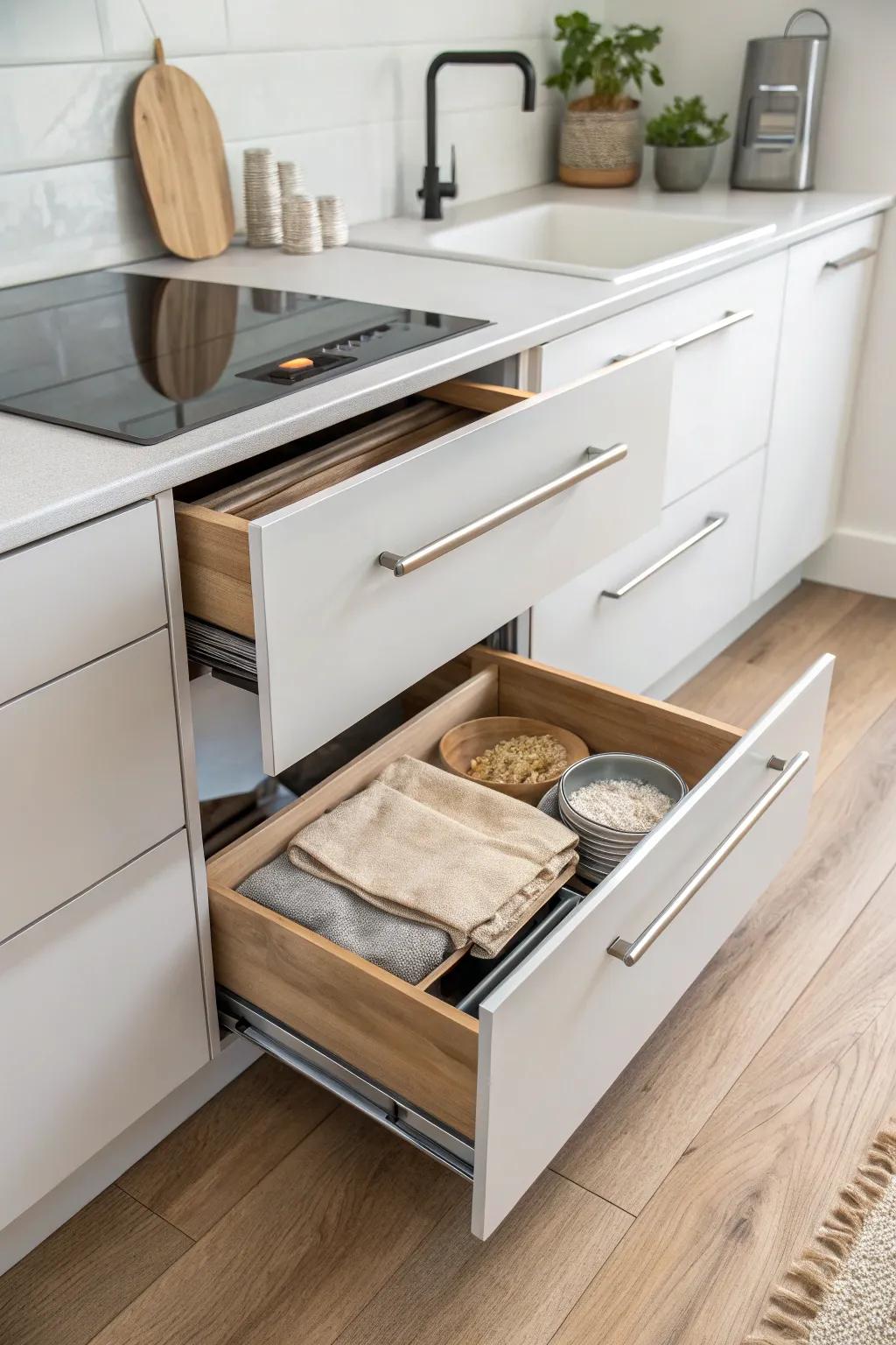 Hidden toe-kick drawer storage—perfect for baking sheets and linens in a narrow kitchen.