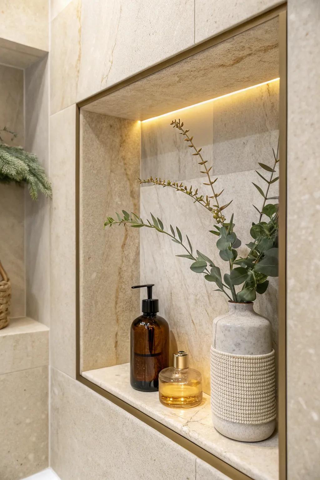 A recessed shower niche adds luxe storage and clears visual clutter in a tiny NYC bath.