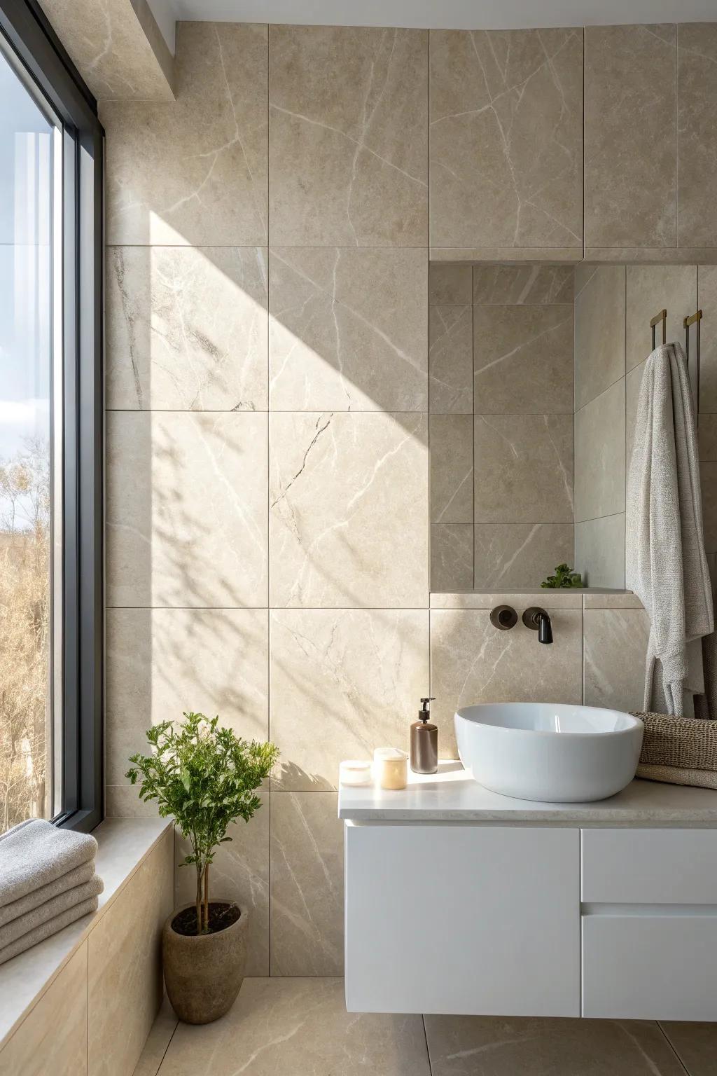 Large-format wall tile makes a tiny office bath feel calm, modern—and easier to keep clean.