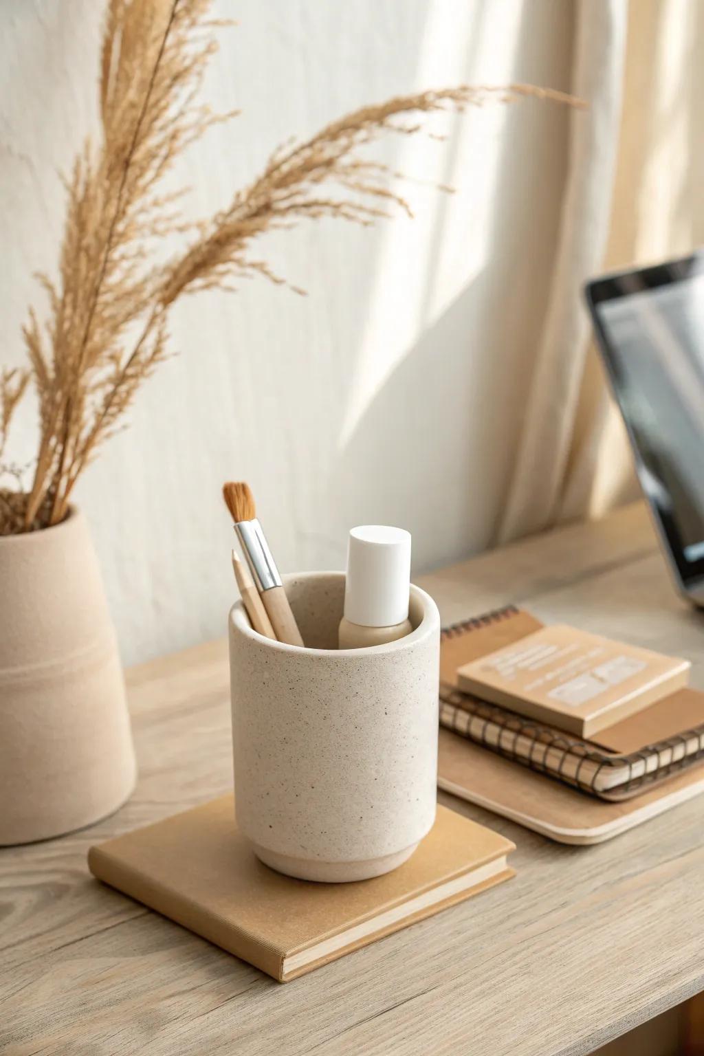 A matching ceramic cup keeps lip balm and sticky notes tidy—small office, big calm.