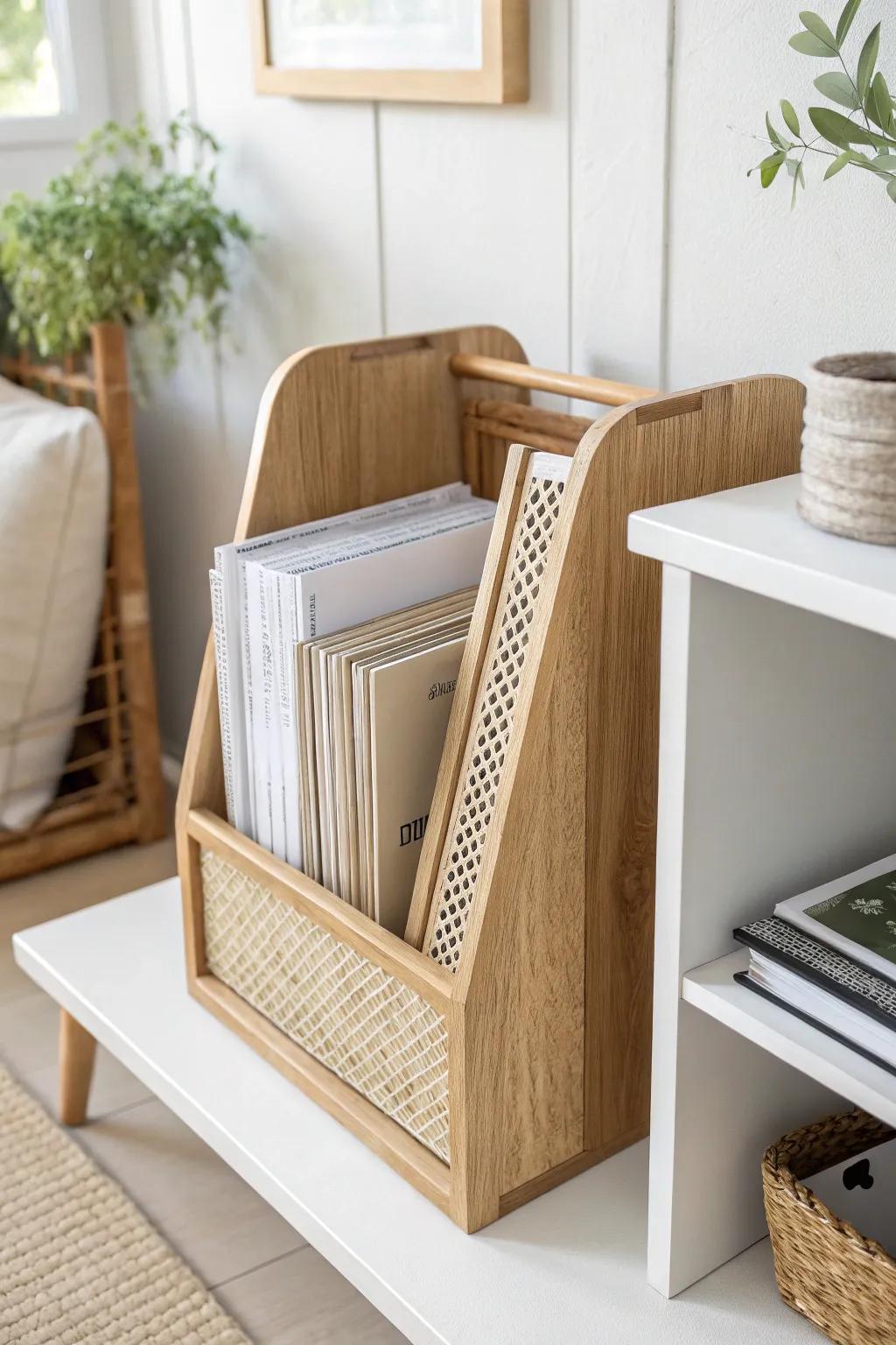 A chic magazine file keeps notebooks and mail upright—instant small-office shelf refresh.