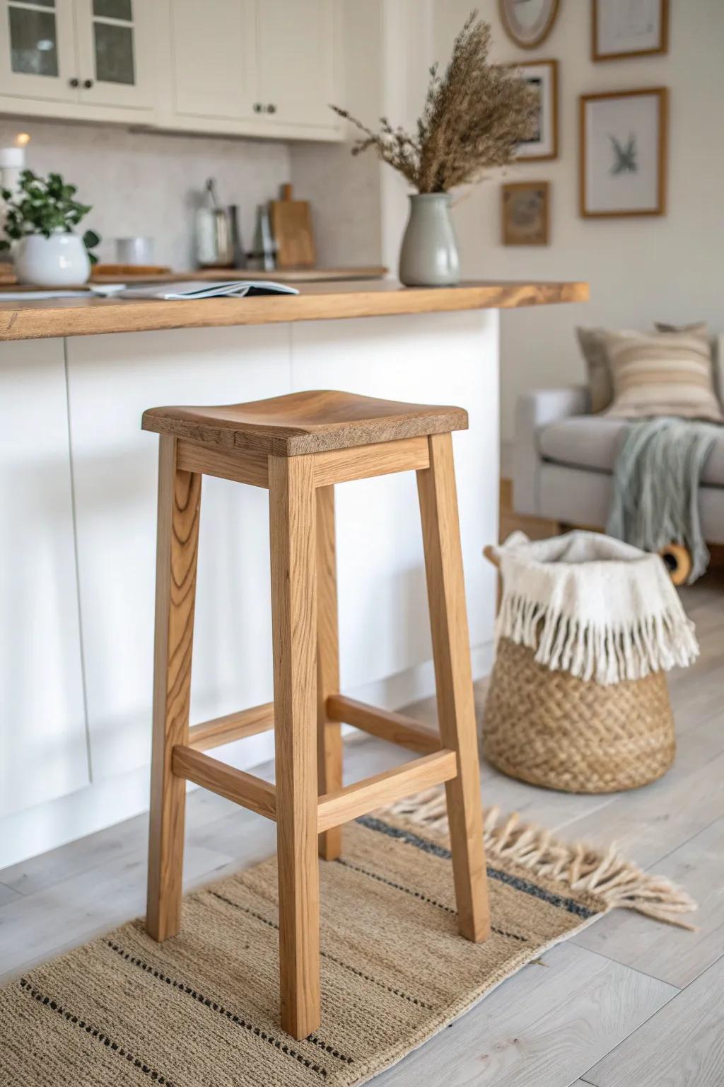 Repeat one warm wood tone—from stools to table and frames—to unify a small open floor plan.