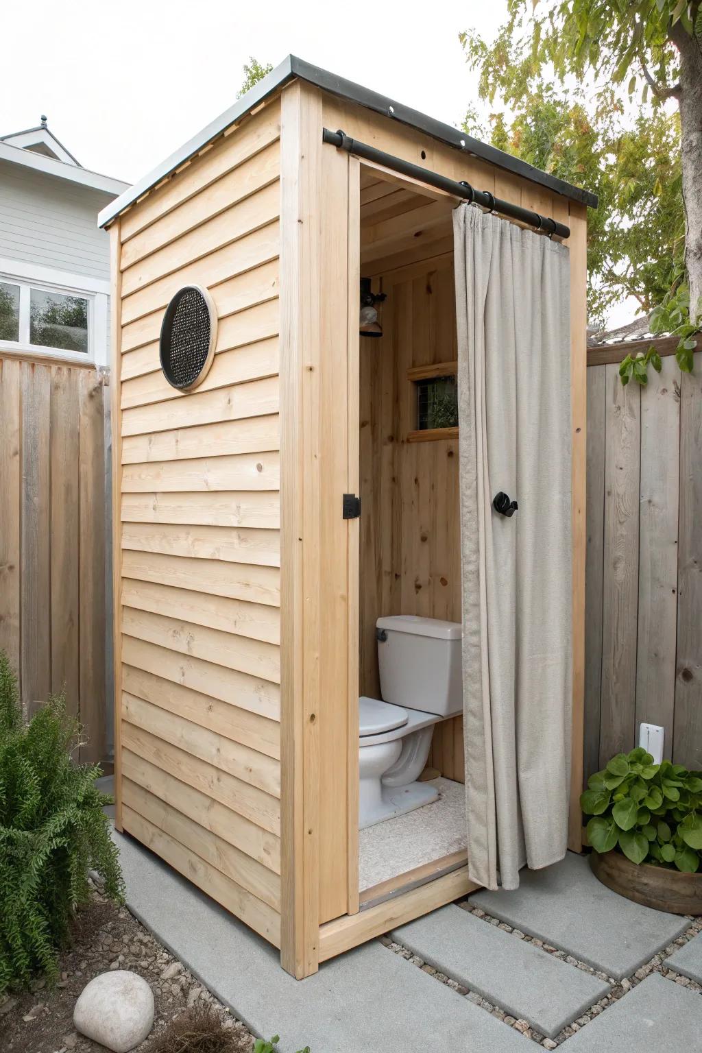 A tiny cedar privacy hut turns a forgotten yard corner into a fresh, minimalist outdoor toilet.