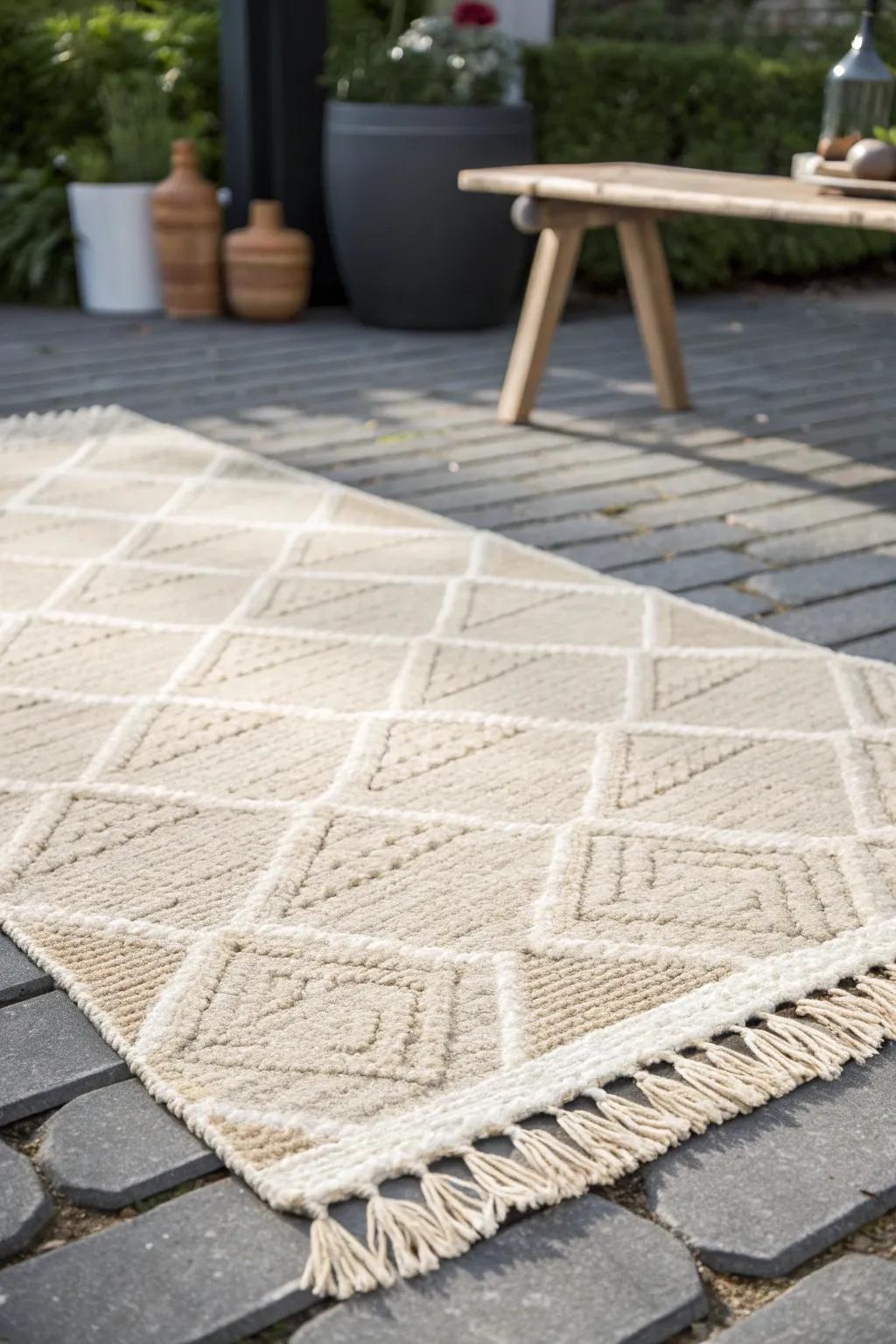Mark your BBQ zone with a woven outdoor rug—tiny space, instantly feels like two rooms.