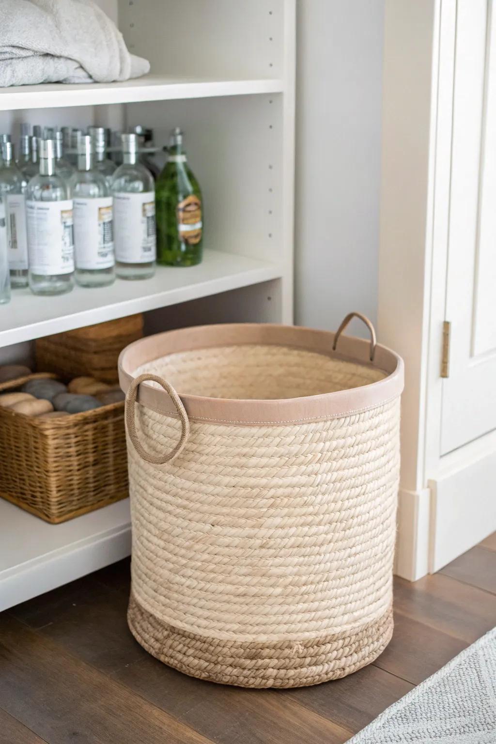 Keep heavy pantry items tidy: a sturdy floor bin holds bottles low and stops rolling chaos.