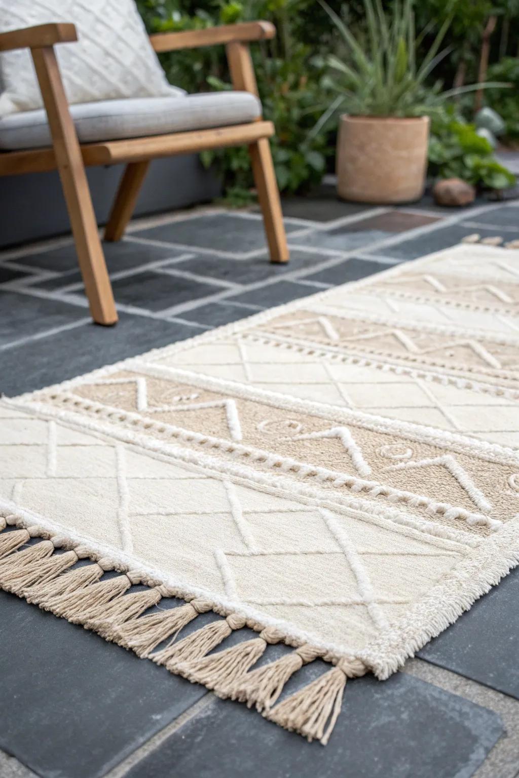 A pale woven rug against dark patio tiles brightens the floor and makes a small patio feel bigger.