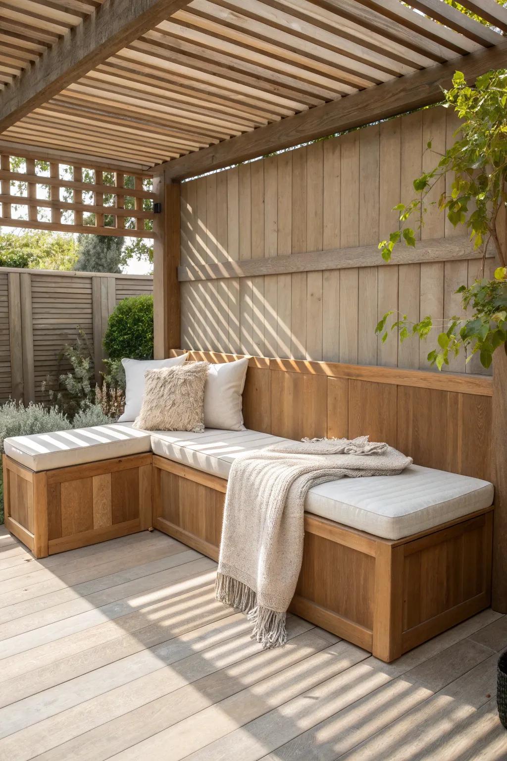 Small patio pergola win: built-in corner bench with hidden storage keeps space open.
